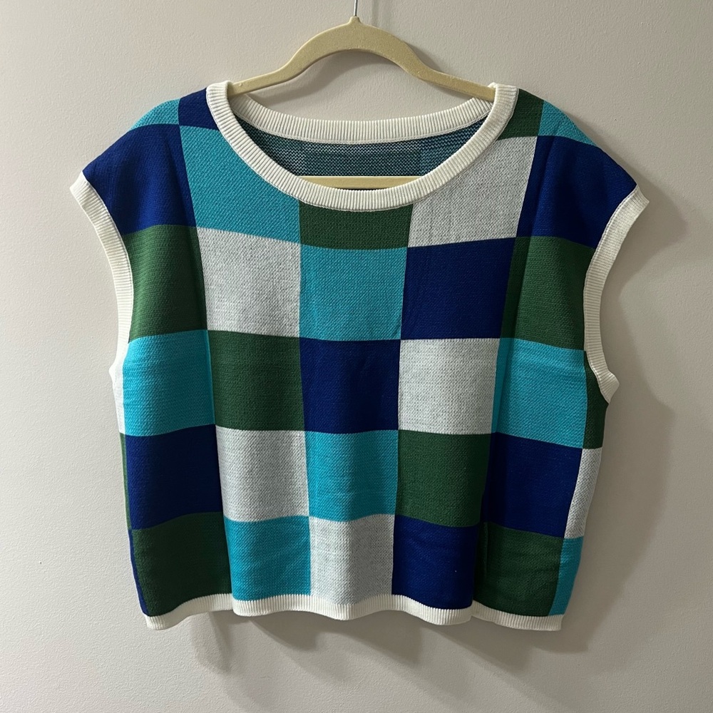 Women's Cap Sleeve Color Block Crop Top - Trendy Casual Knit Summer Sweater